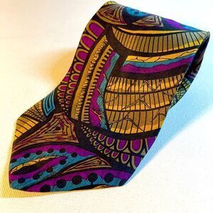 Scenario vibrant statement gold violet teal black silk tie
